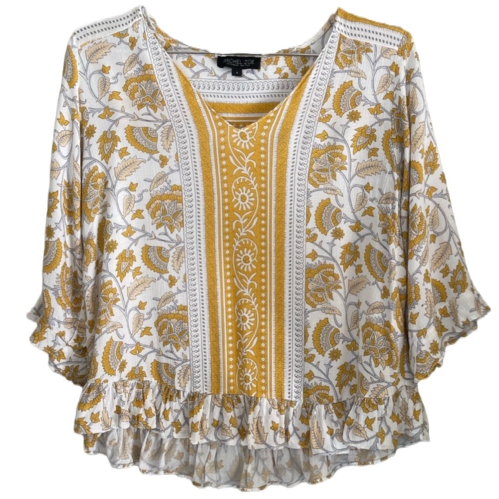 ❣️2/$15❣️ Rachel Zoe Women’s Size Small Yellow Boho Vintage Floral Print Blouse - Picture 1 of 9